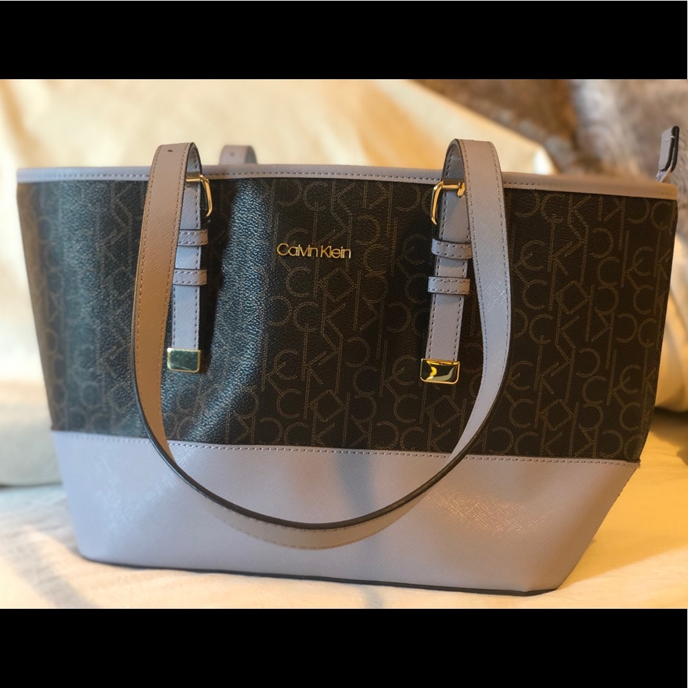 Calvin Klein Lavender and brown Logo shoulder tote